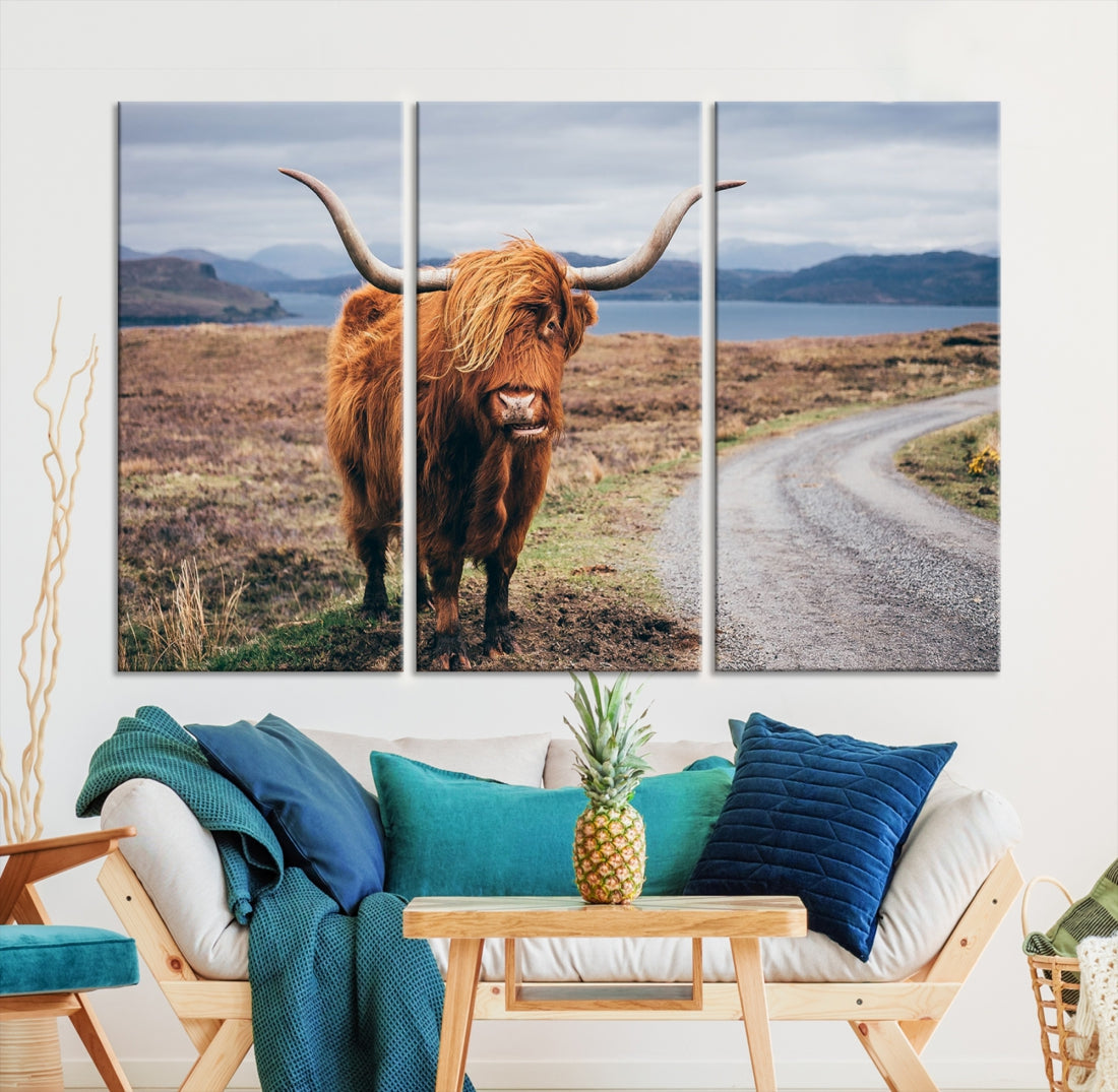 Highland Cow with Big Horn Canvas Wall Art Animal Photo Print Wall Decor