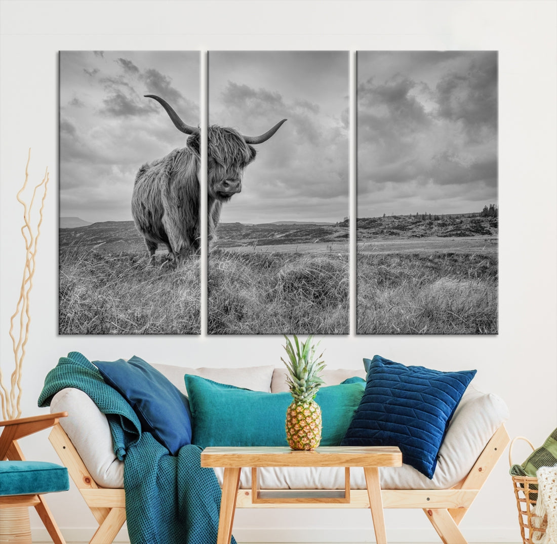 Grayscale Highland Cow Canvas Art Print Extra Large Animal Picture Print on Canvas