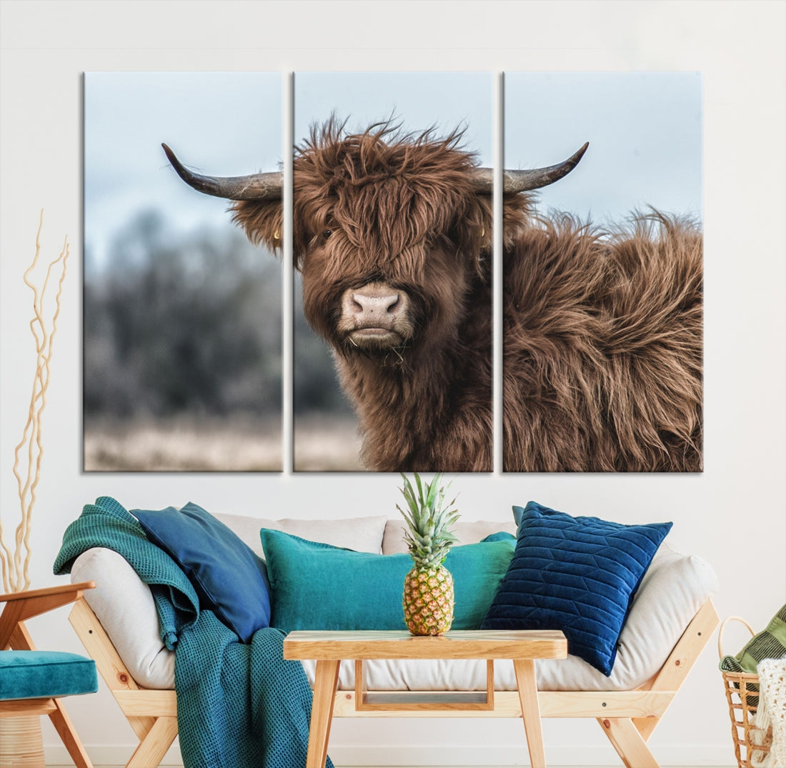 Fluffy Highland Cow Photograph Large Wall Art Canvas Print Cute Animals Picture Wall Decor Artwork for Living Room Farmhouse Printable Art Housewarming Gift Modern Home Art Decor