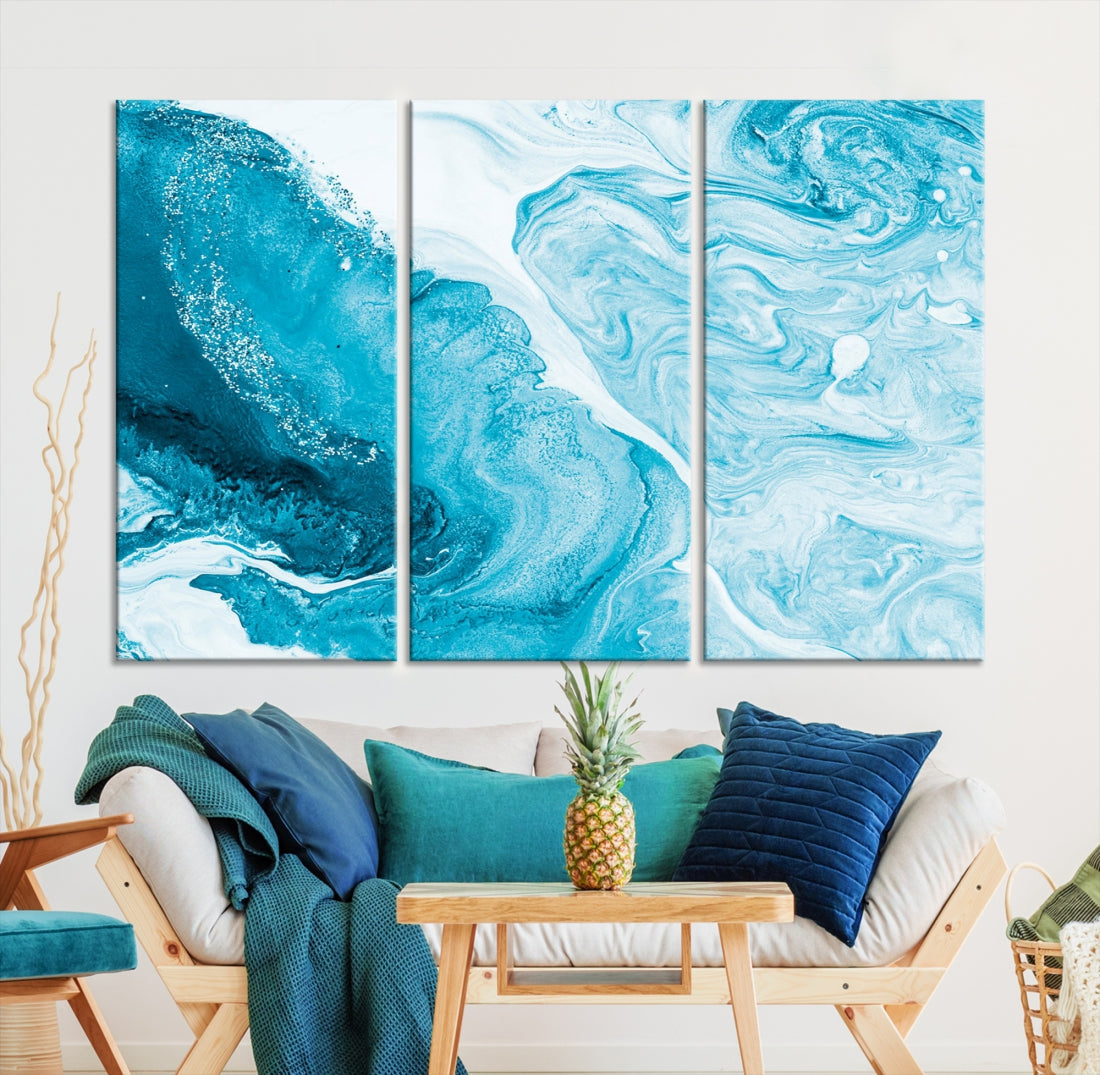 Bright Blue Abstract Painting on Canvas Large Marble Art Print