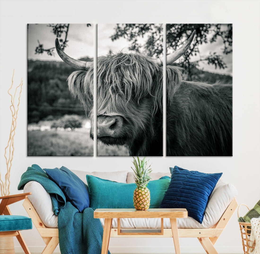 Beautiful Highland Cow Wall Art Large Canvas Print Black and White Wall Decor