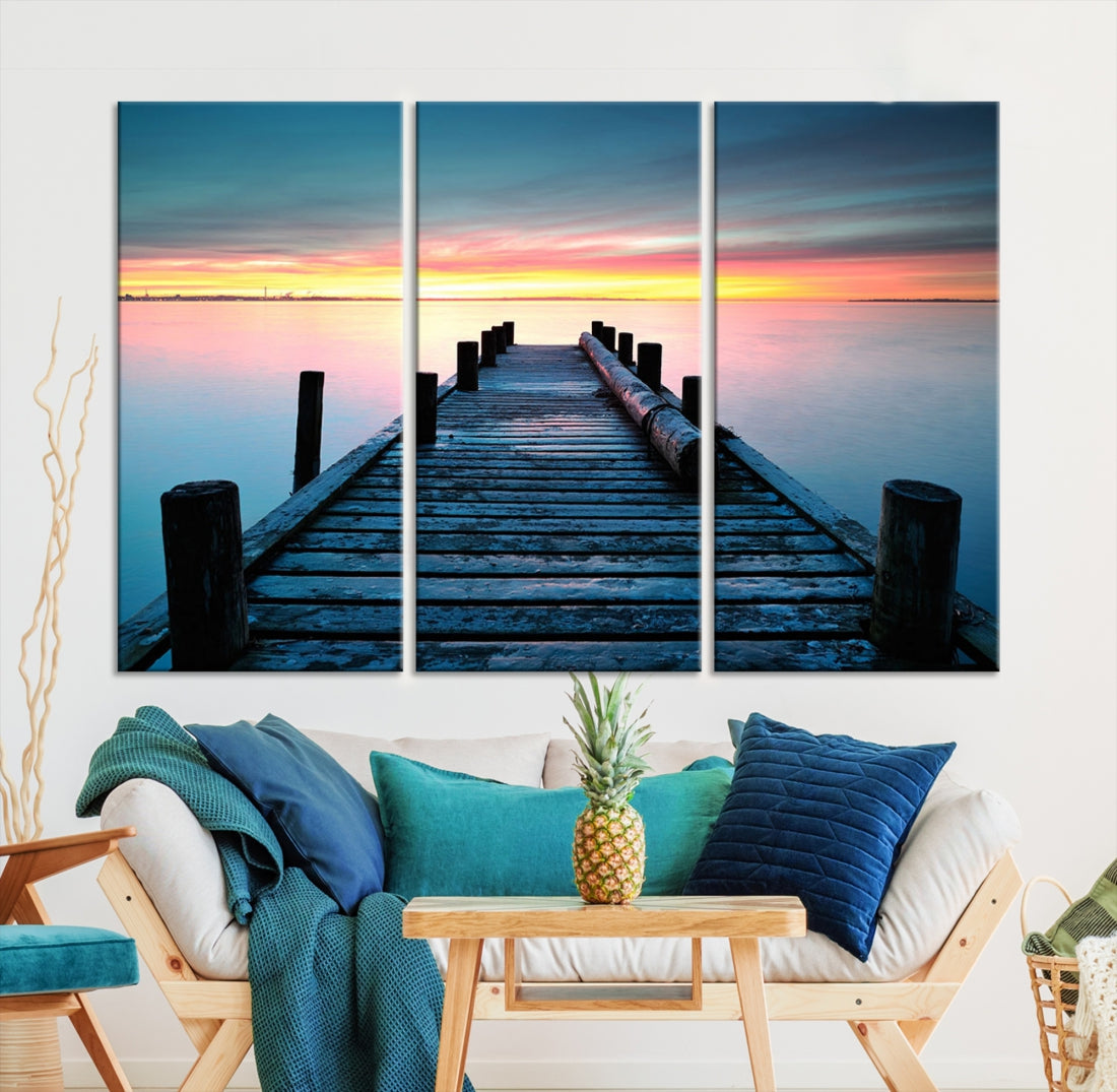 Fantastic Sunset over the Horizon Old Pier Seascape Ocean Wall Art Canvas Print