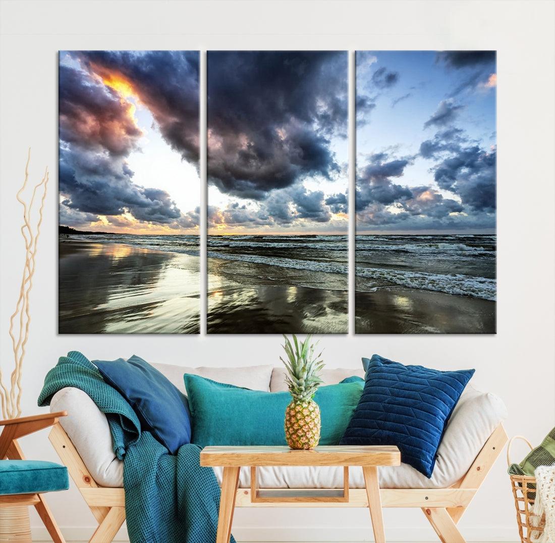 Cloudy Sky Calm Ocean Beach Nature Large Framed Canvas Art Print