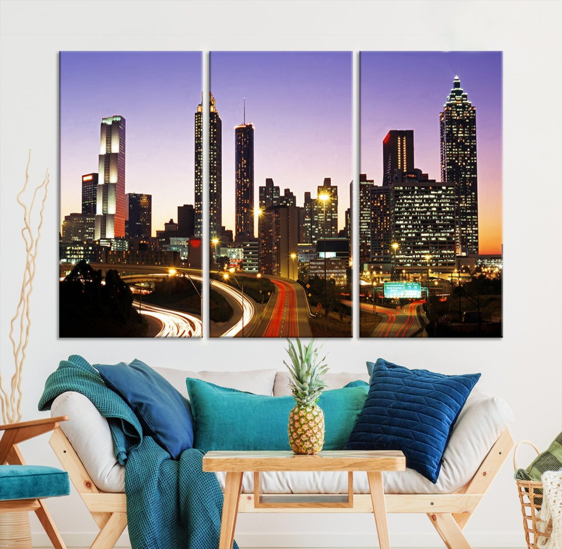 Atlanta City Purple Sunset Skyline Wall Art Cityscape Canvas Print