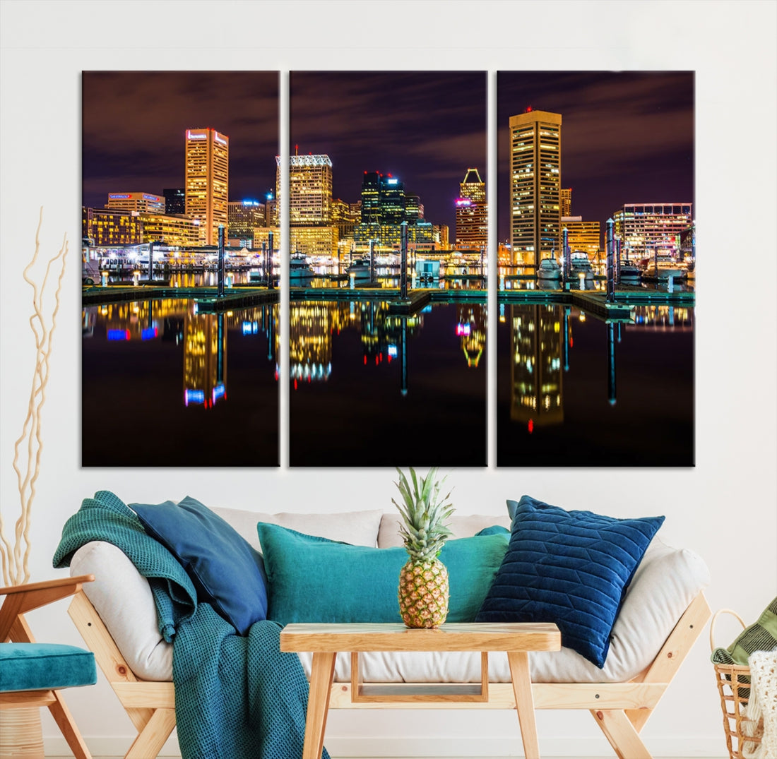 Baltimore City Night Skyline Purple Cityscape Large Wall Art Canvas Print