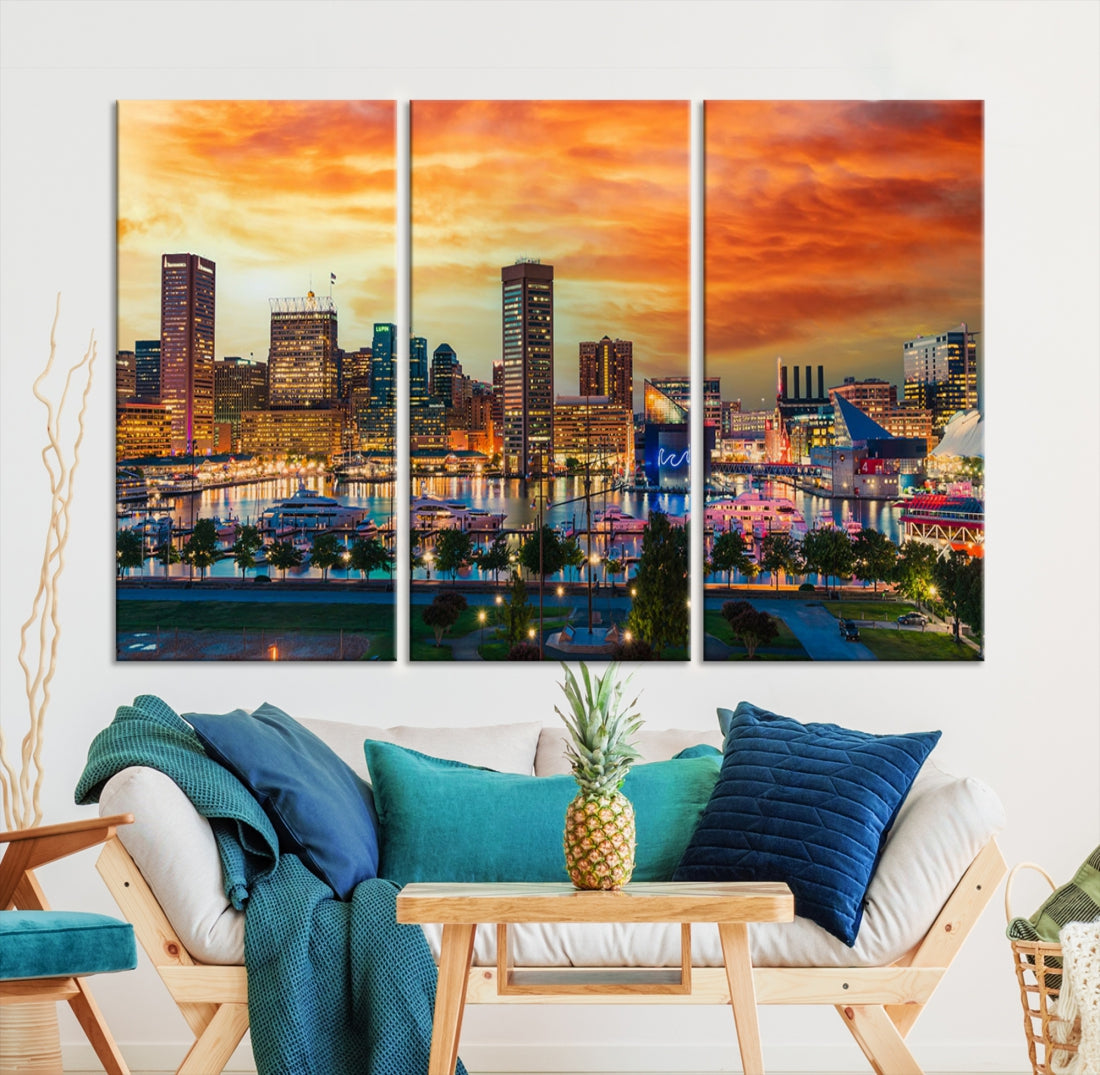 Sunset over Baltimore City Skyline Canvas Wall Art Large Cityscape Print