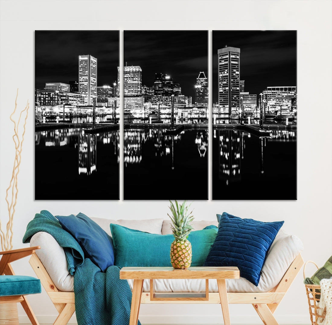 Black and White Baltimore Downtown Night Skyline Wall Art Cityscape Canvas Print