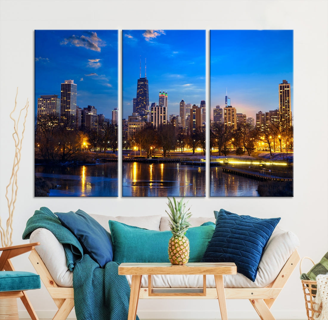 Large Chicago Skyline Wall Art Night Cityscape Canvas Print Home Decor