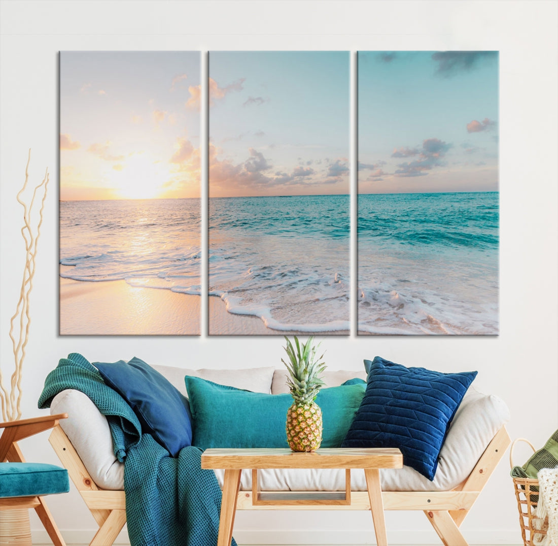 Appealing Sunset on Beach Canvas Wall Art Coastal Ocean Print