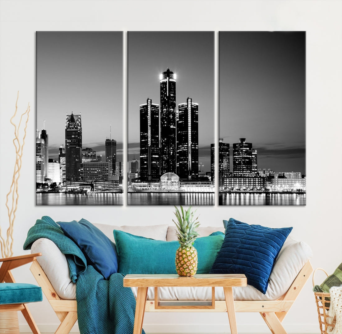 Extra Large Detroit Skyline Black and White Cityscape Wall Art Canvas Print