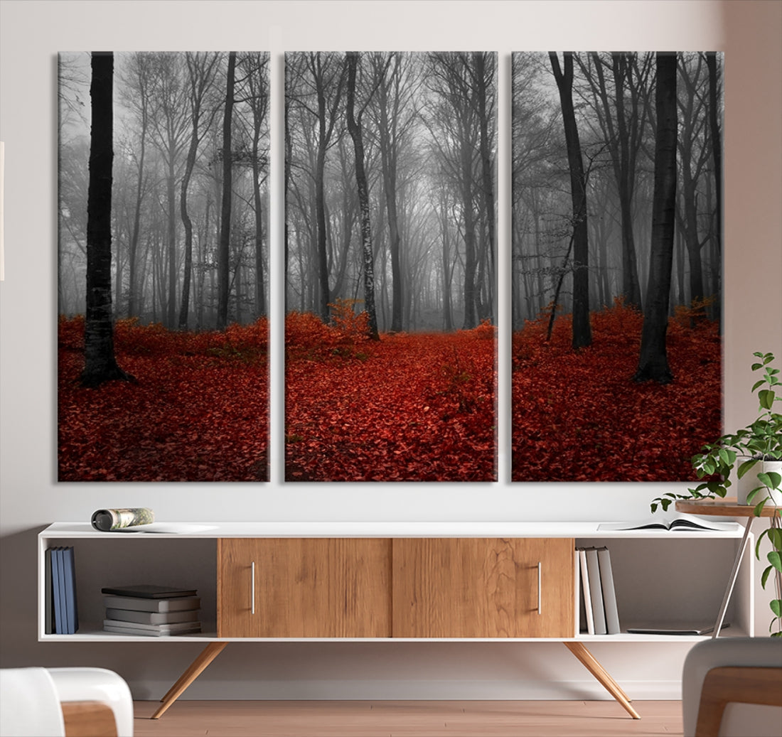 Foggy Forest with Red Leaves Autumn Landscape Giclee Canvas Extra Large Wall Art Print