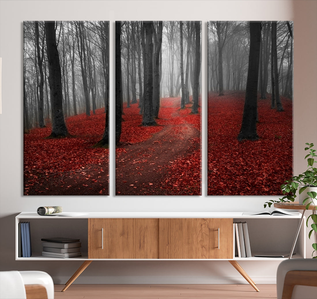 Wonderful Forest with Red Leaves on Ground Large Wall Art Landscape Canvas Print