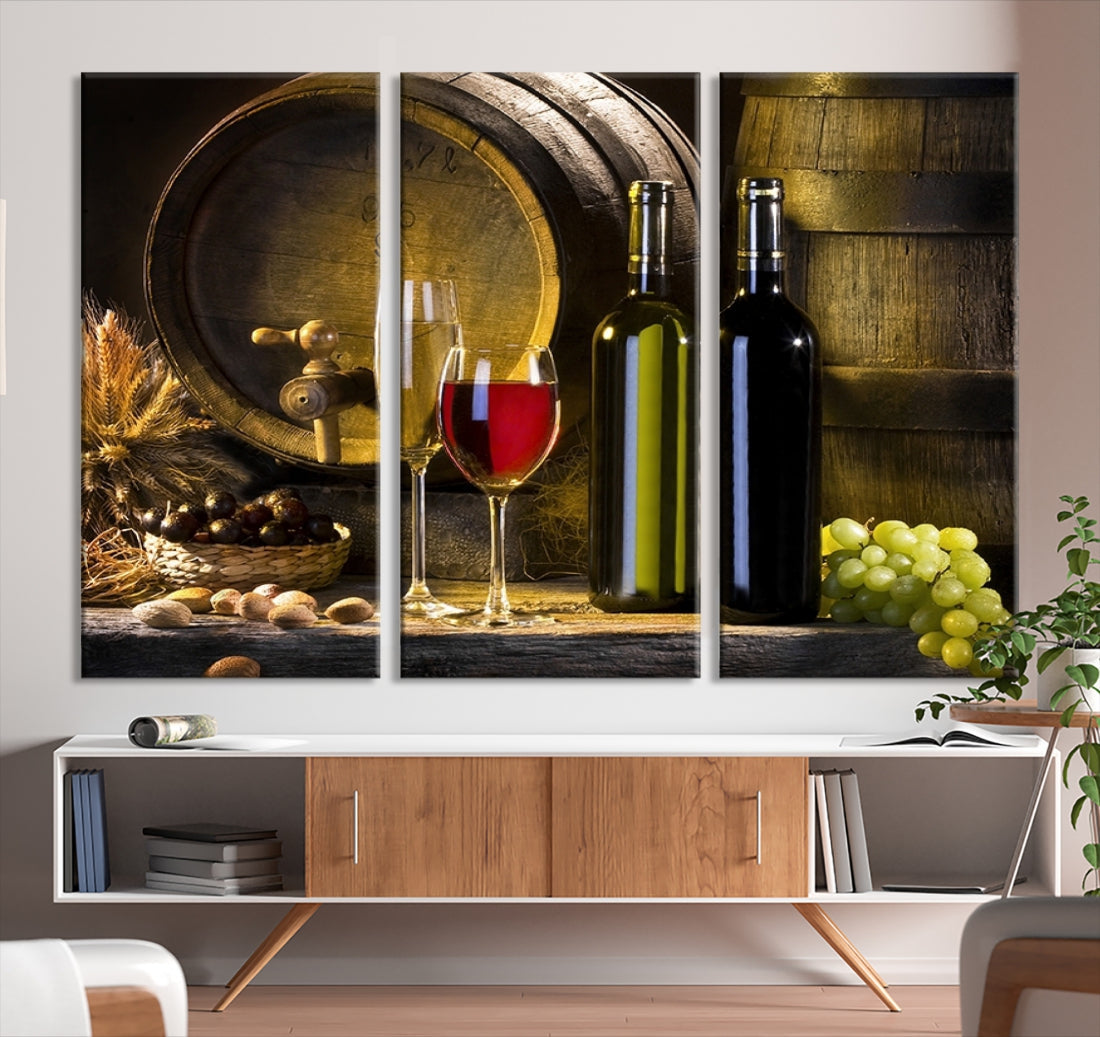 Red and White Wine with Bottles and Tun Giclee Canvas Wall Art Print