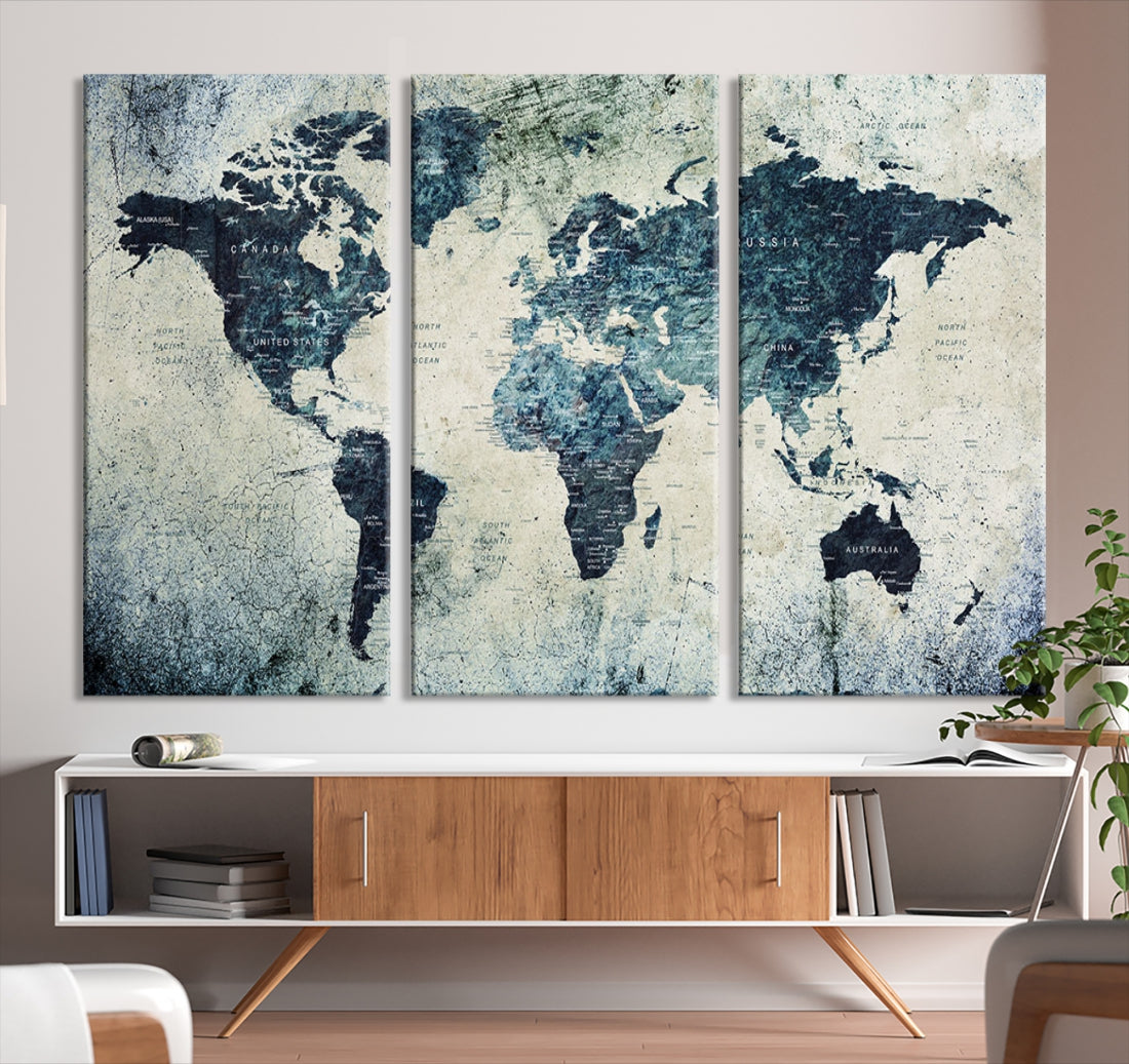 Extra Large World Map Wall Art Watercolor Painting on Canvas Print Grunge Vintage Decor