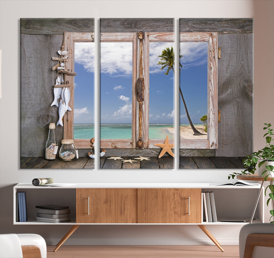 Large Window Wall Art Relaxing Beach Photo Canvas Art Print Starfish Seashells Nautical Art Framed Ocean Artwork