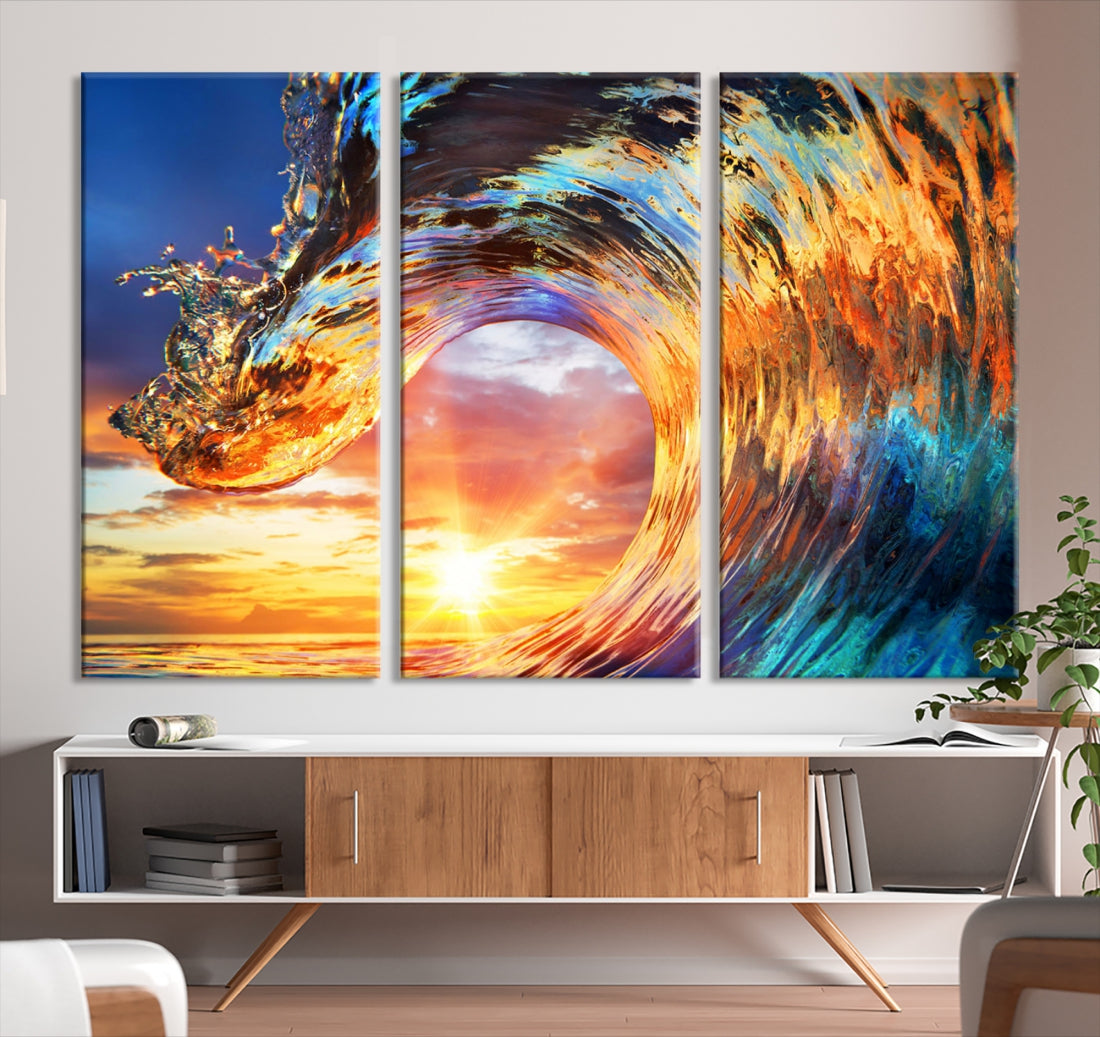 Large Canvas Wall Art Print of a Surface Wave Sunset Ocean