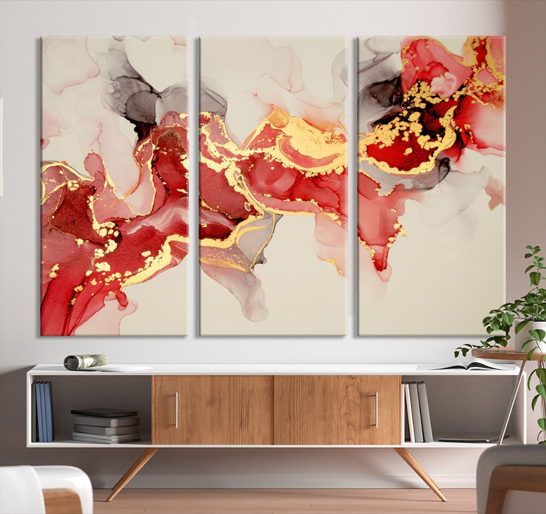 Contemporary Red Gold Abstract Painting on Canvas Print Framed Wall Decor