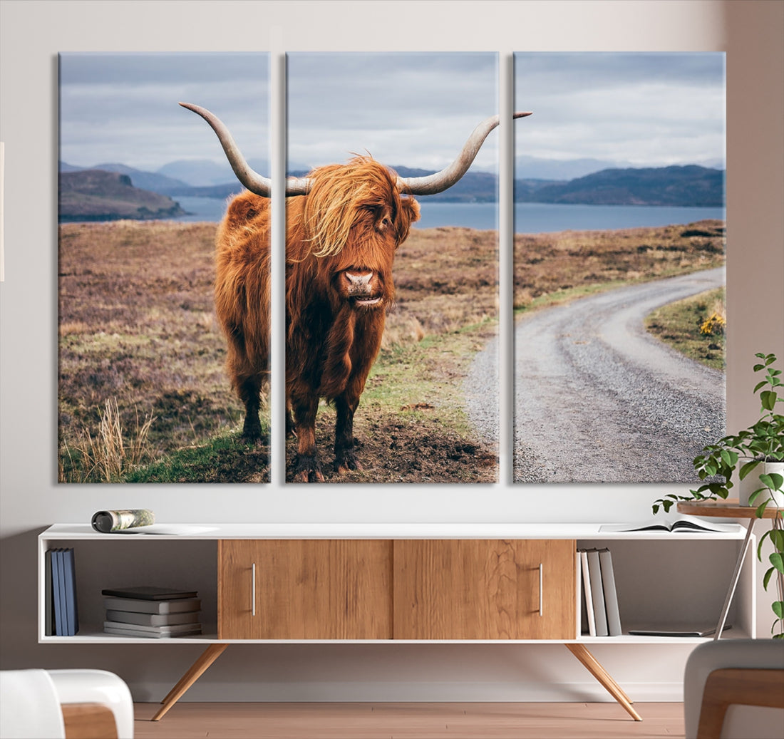 Highland Cow with Big Horn Canvas Wall Art Animal Photo Print Wall Decor