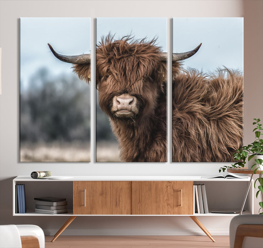 Fluffy Highland Cow Photograph Large Wall Art Canvas Print Cute Animals Picture Wall Decor Artwork for Living Room Farmhouse Printable Art Housewarming Gift Modern Home Art Decor