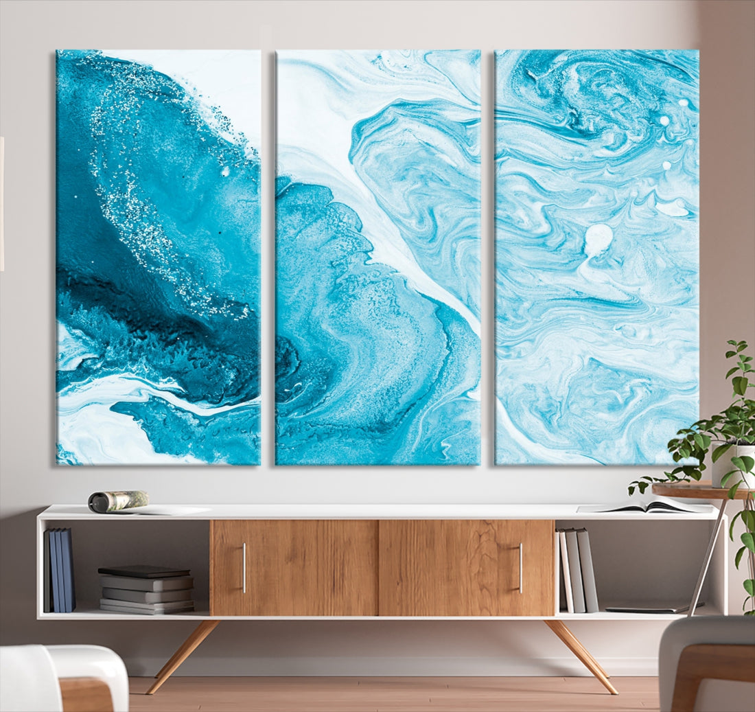 Bright Blue Abstract Painting on Canvas Large Marble Art Print