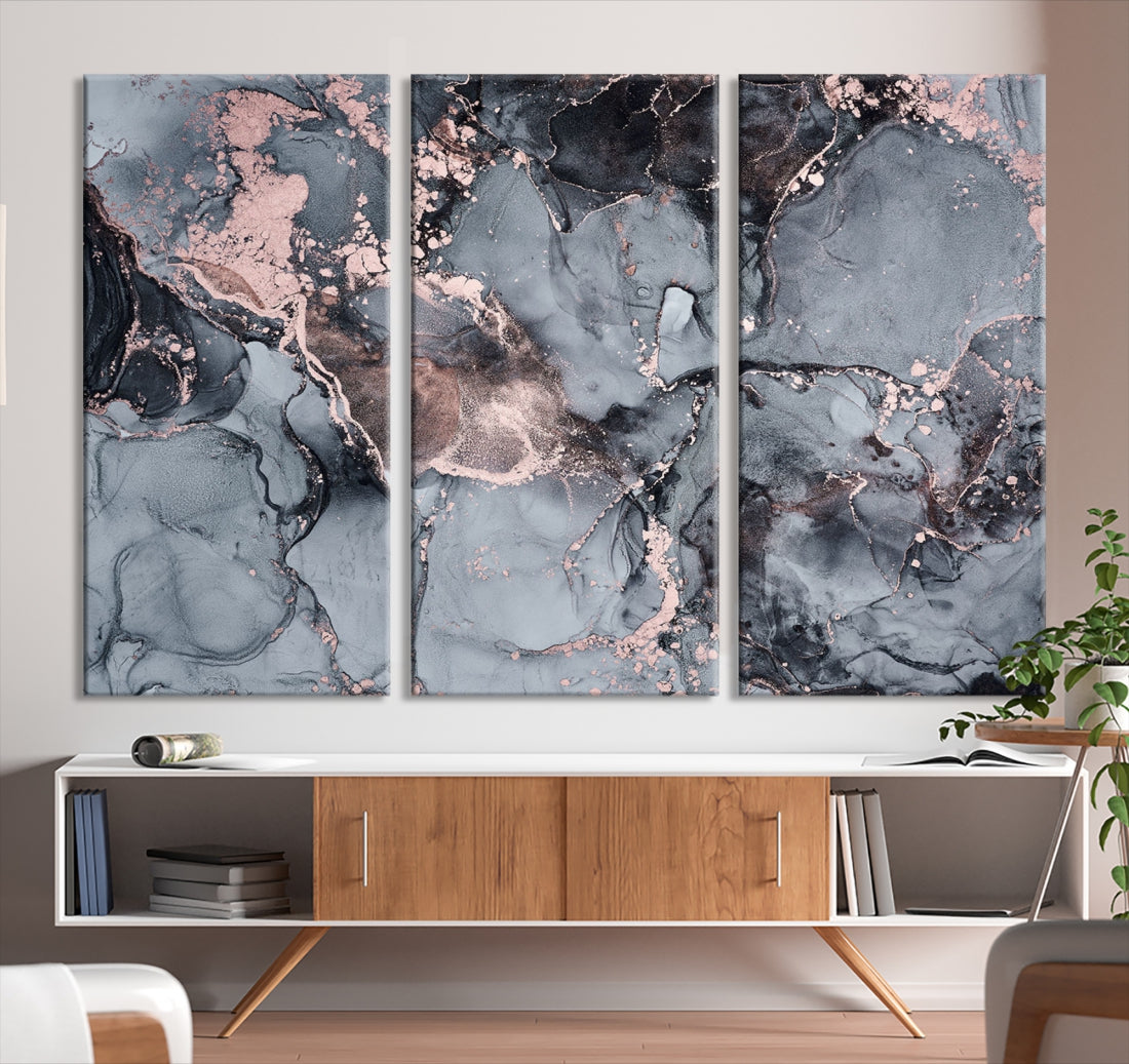 Gray and Rose Gold Marble Abstract Painting on Giclee Canvas Wall Art Print