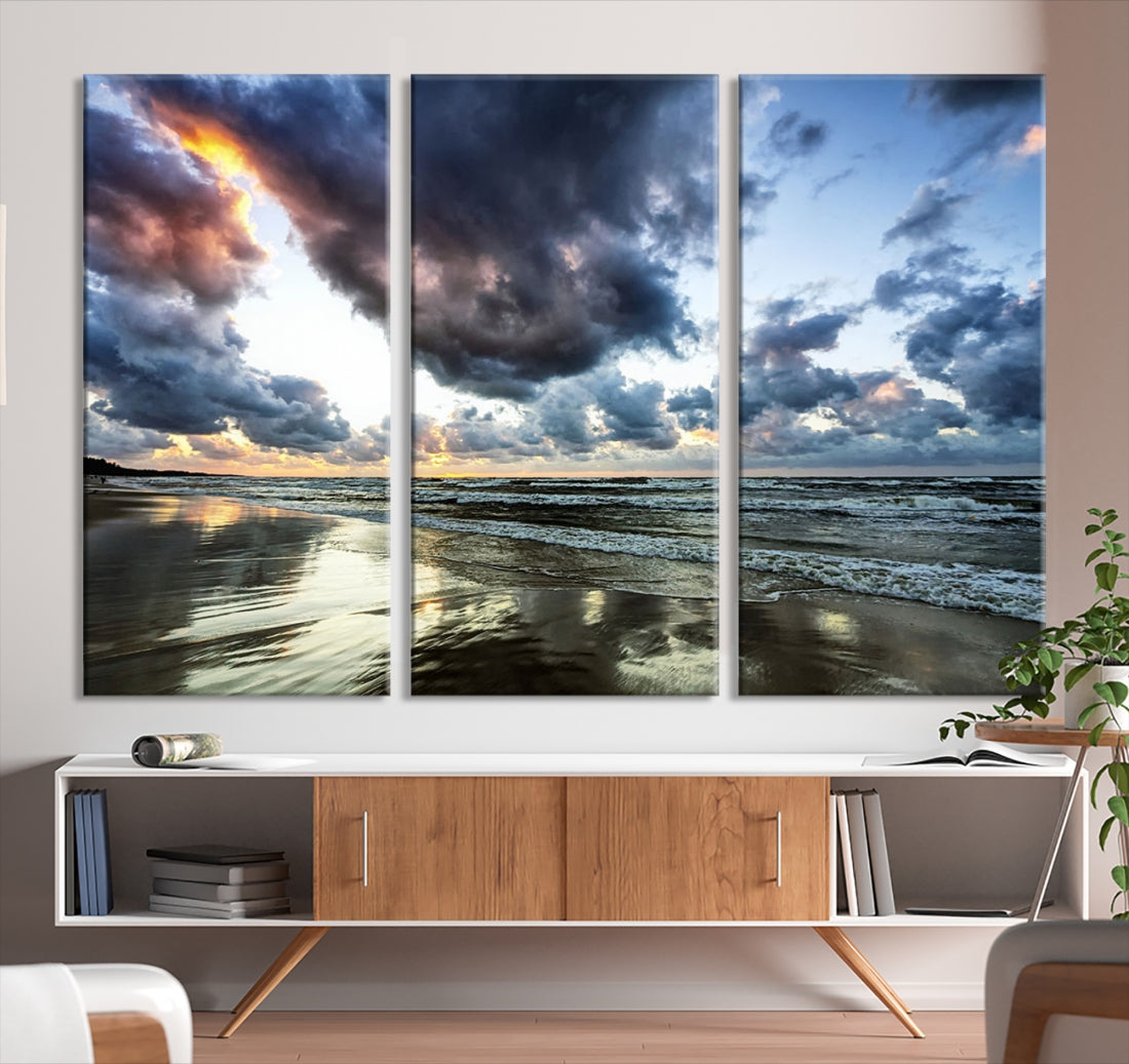 Cloudy Sky Calm Ocean Beach Nature Large Framed Canvas Art Print