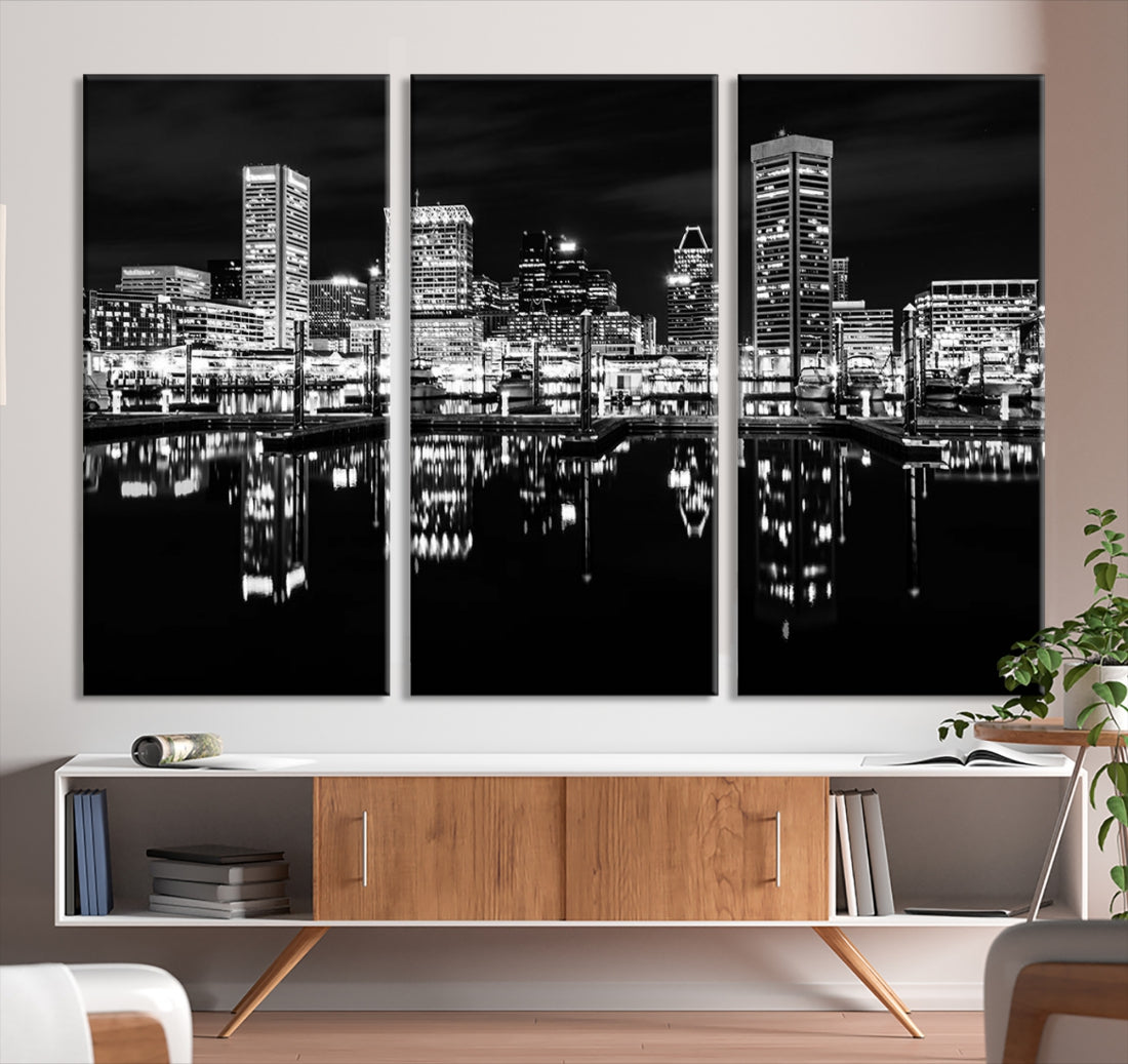 Black and White Baltimore Downtown Night Skyline Wall Art Cityscape Canvas Print