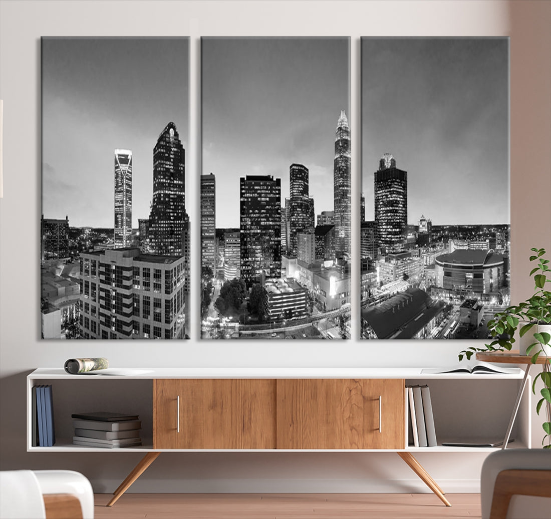 Aerial Charlotte City Skyline Wall Art Black and White Cityscape Canvas Print