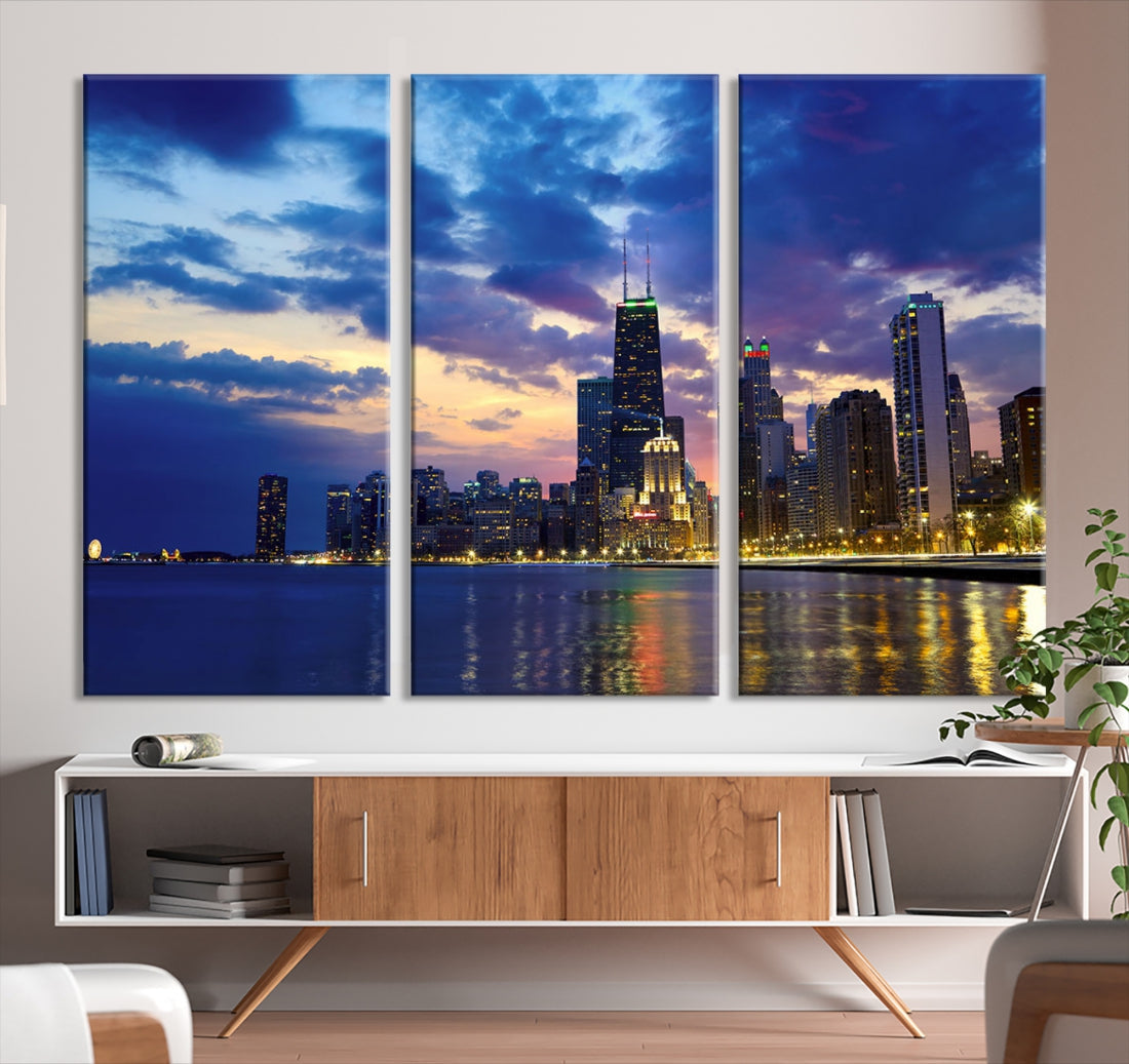 Blue Chicago Night Skyline Downtown Cityscape Large Wall Art Canvas Print