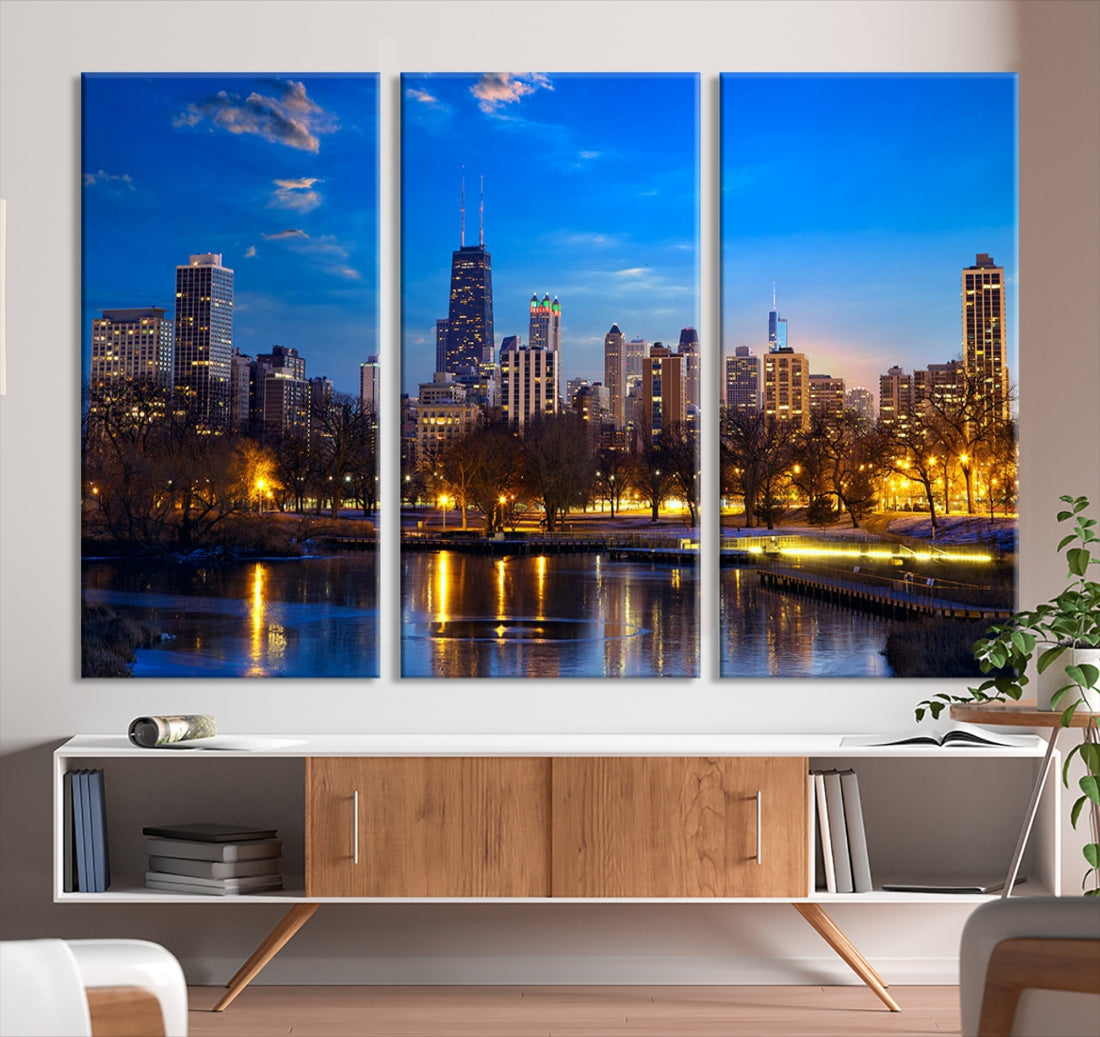 Large Chicago Skyline Wall Art Night Cityscape Canvas Print Home Decor