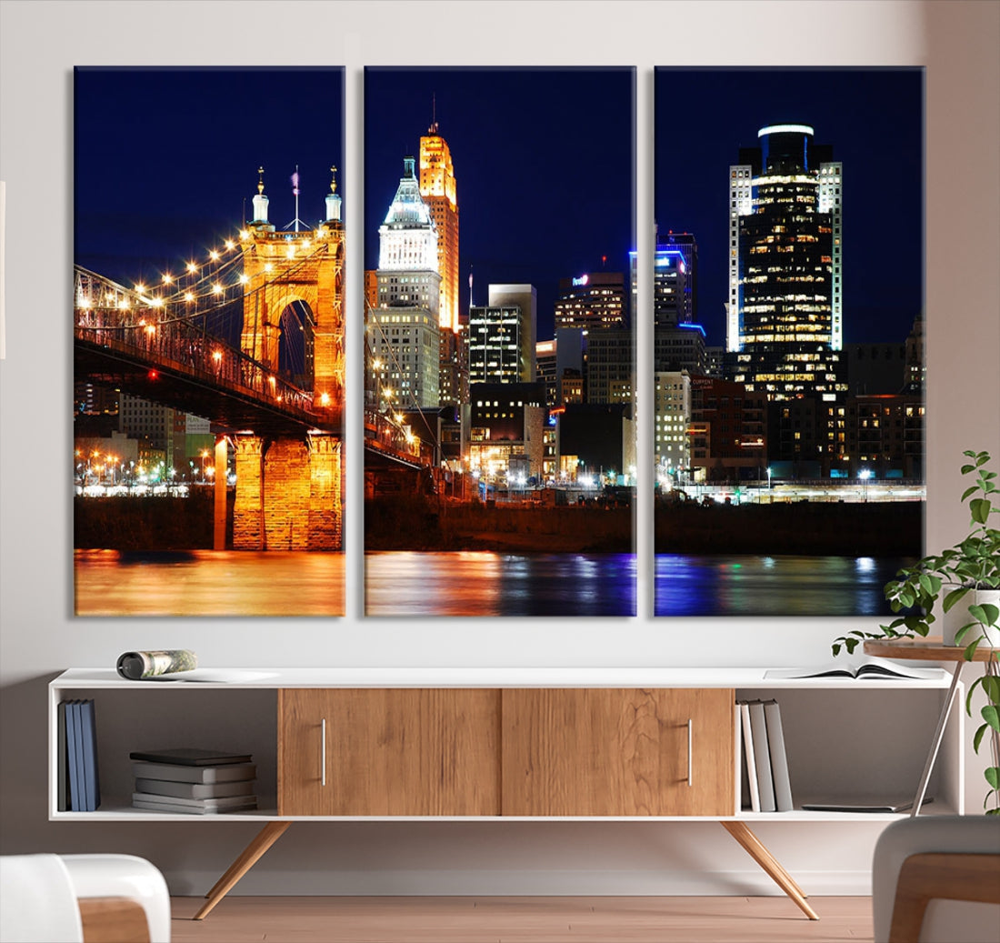 Cincinnati Bright Lights Night Skyline Canvas Wall Art Framed Print