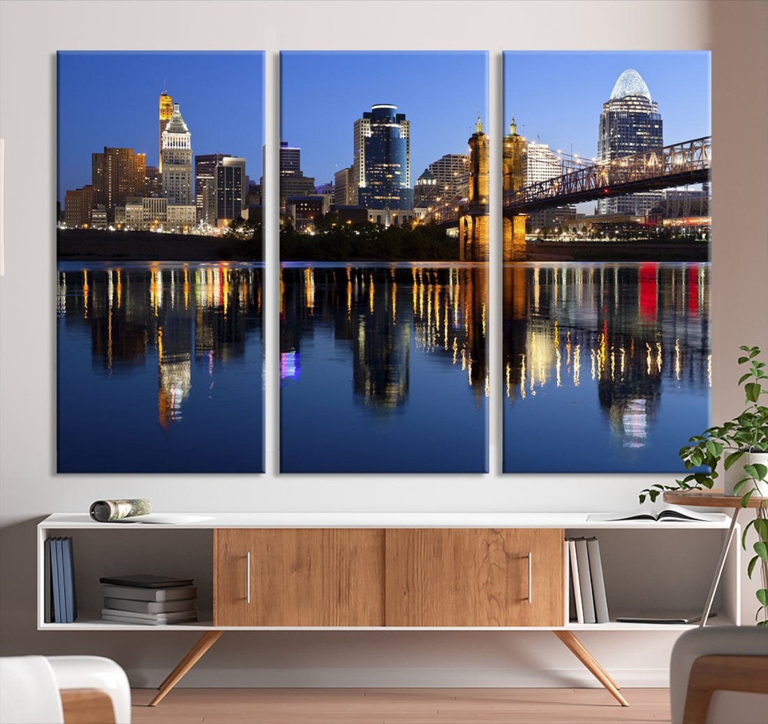 Cincinnati Night Skyline Reflections Large Cityscape Wall Art Canvas Print