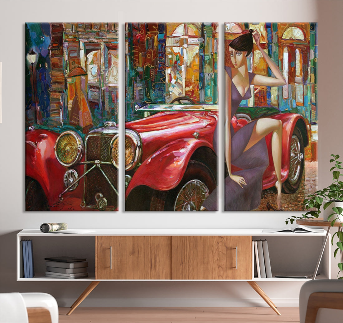 Lady With a Red Old Antique Car Jalopy Wall Art Canvas Print