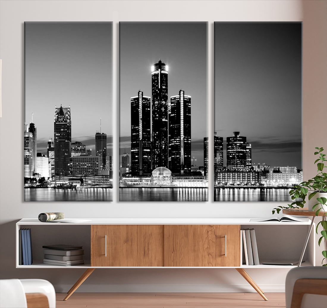 Extra Large Detroit Skyline Black and White Cityscape Wall Art Canvas Print