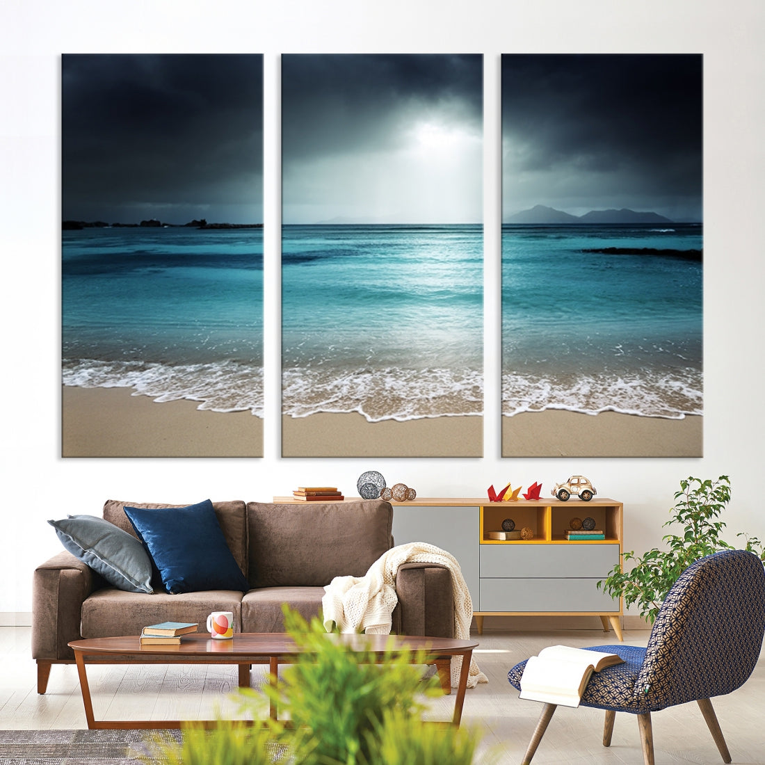 Dark Sky Bright Ocean Beach Large Wall Art Canvas Print