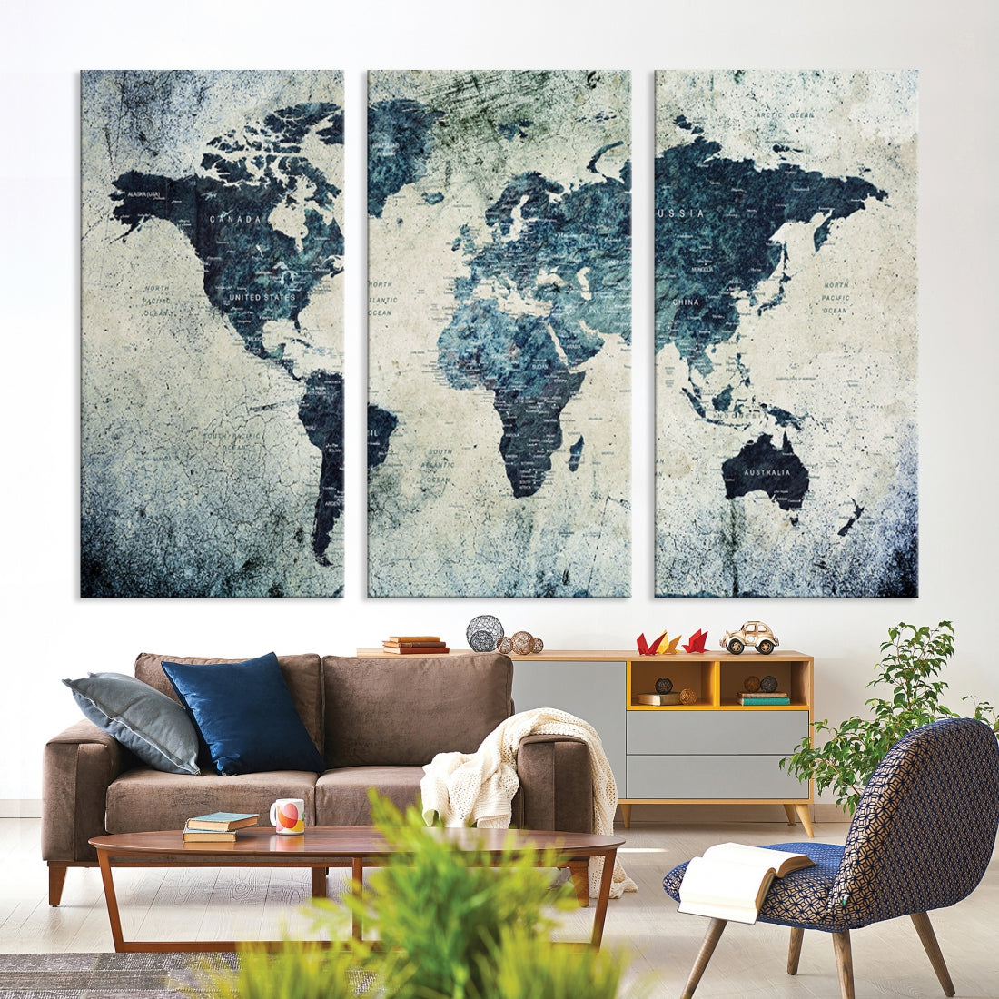 Extra Large World Map Wall Art Watercolor Painting on Canvas Print Grunge Vintage Decor