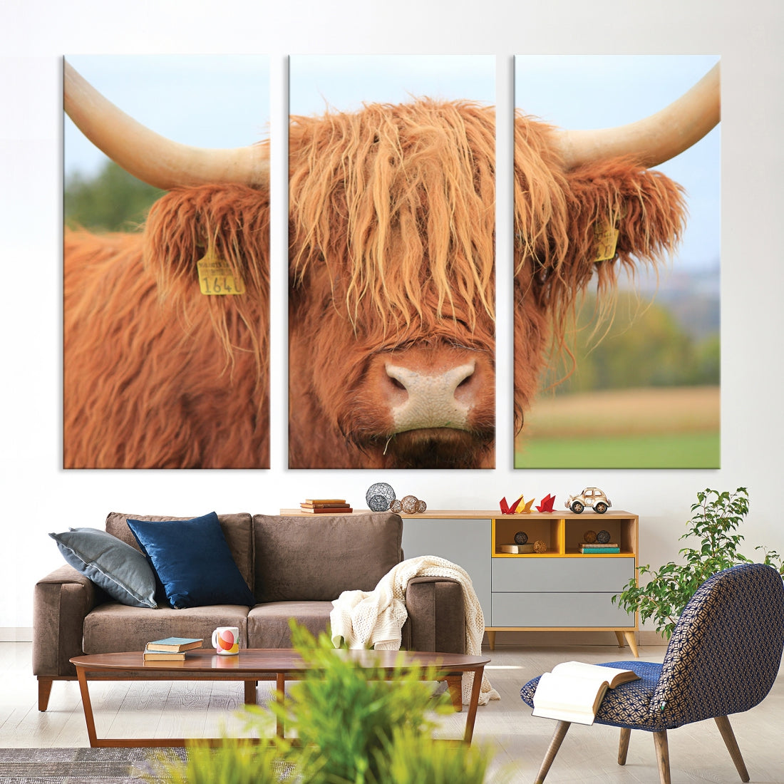 Highland Cow Close-up Canvas Wall Art Print Multi Panel Extra Large Canvas Set Framed Ready to Hang Artwork