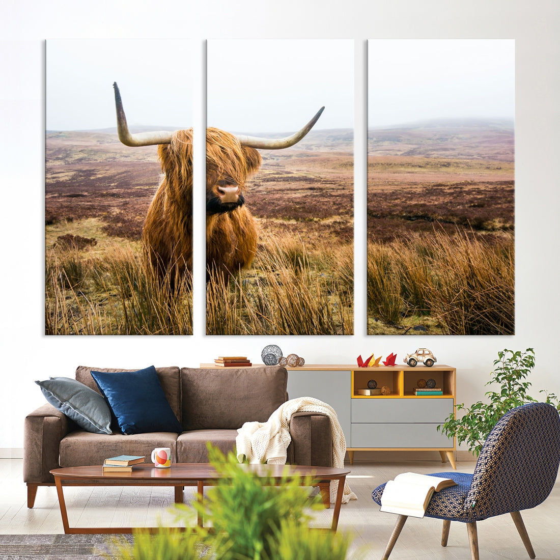 Highland Cow Canvas Wall Art Print Mountain Landscape Animal Canvas Art Home Office Decor Artwork for Living Room Framed and Stretched Ready to Hang Split Art Large Canvas Picture