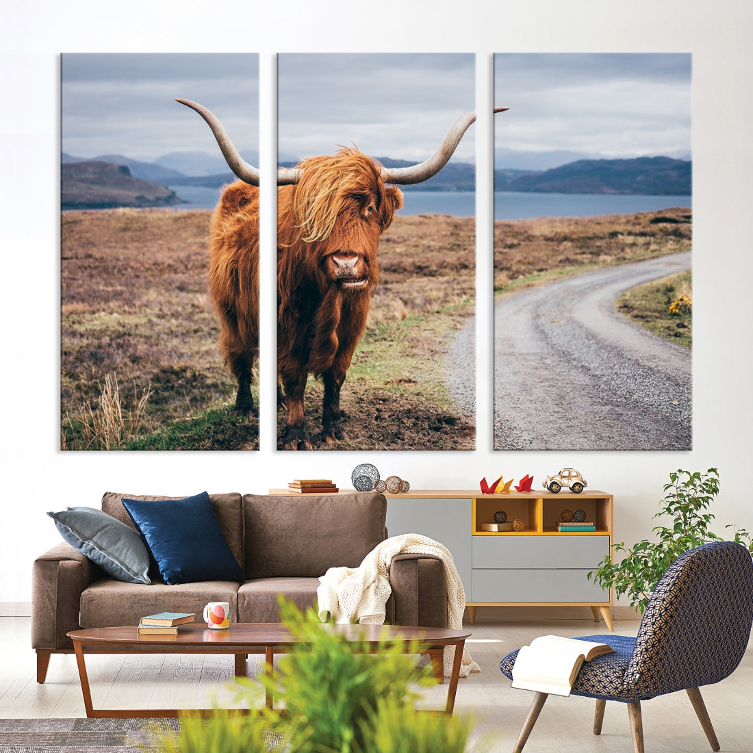 Highland Cow with Big Horn Canvas Wall Art Animal Photo Print Wall Decor