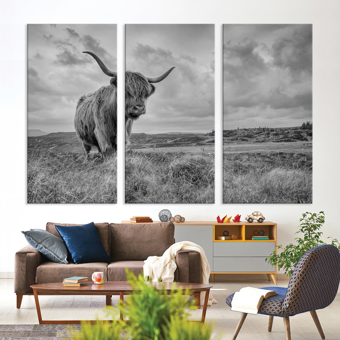 Grayscale Highland Cow Canvas Art Print Extra Large Animal Picture Print on Canvas