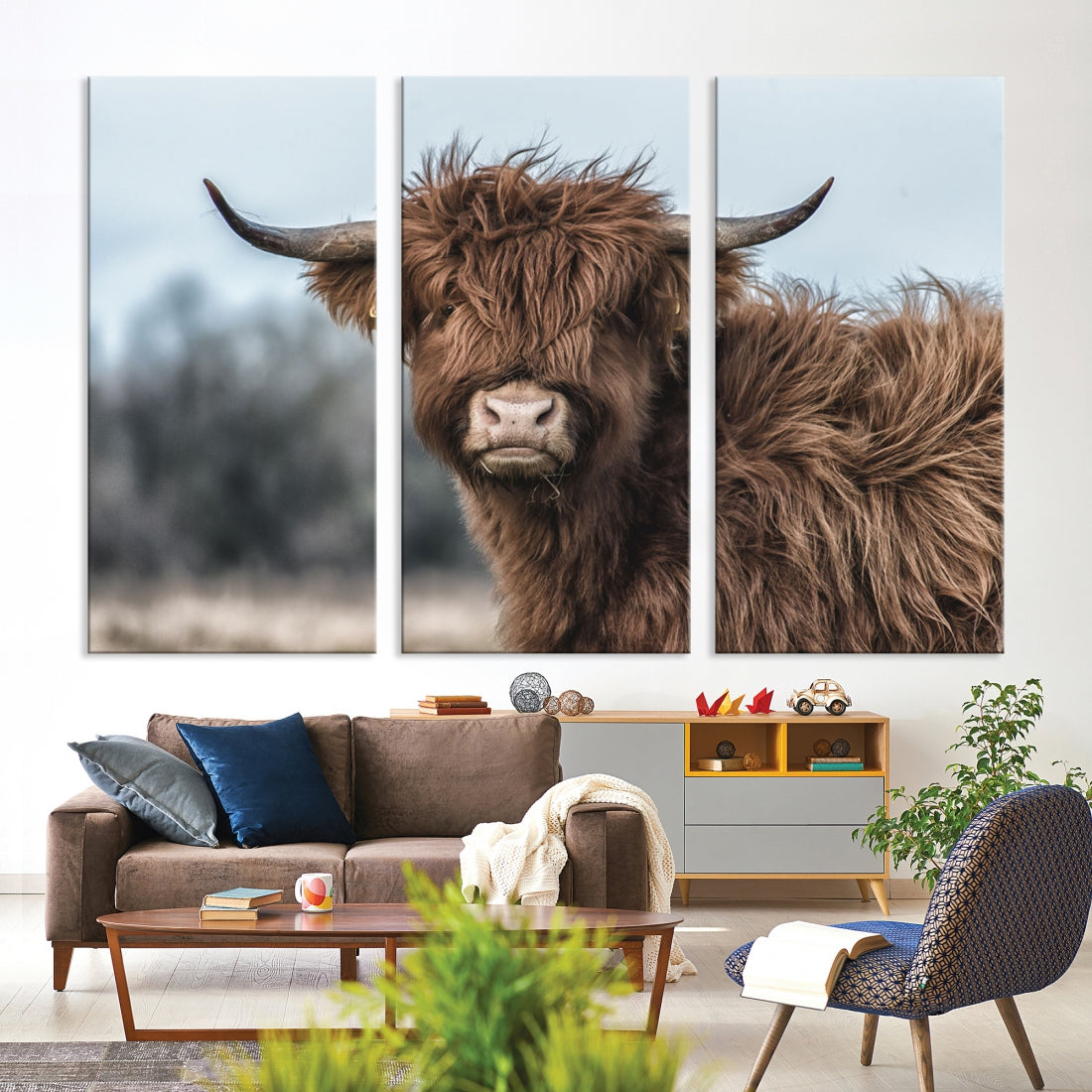 Fluffy Highland Cow Photograph Large Wall Art Canvas Print Cute Animals Picture Wall Decor Artwork for Living Room Farmhouse Printable Art Housewarming Gift Modern Home Art Decor