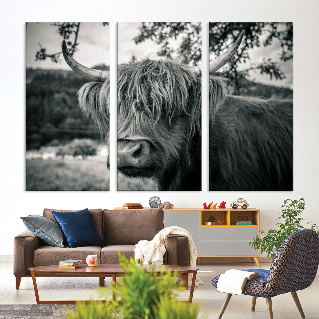 Beautiful Highland Cow Wall Art Large Canvas Print Black and White Wall Decor