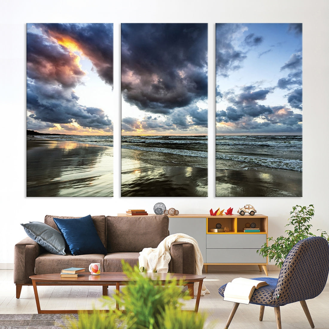 Cloudy Sky Calm Ocean Beach Nature Large Framed Canvas Art Print