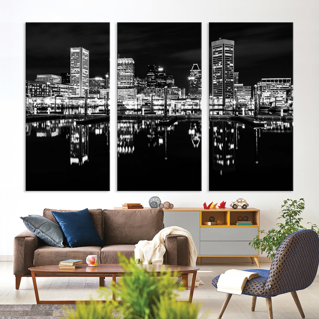 Black and White Baltimore Downtown Night Skyline Wall Art Cityscape Canvas Print