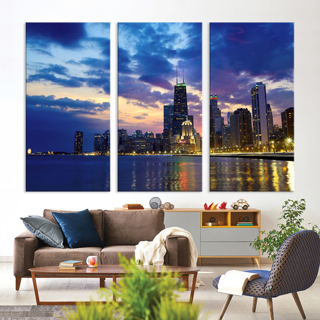 Blue Chicago Night Skyline Downtown Cityscape Large Wall Art Canvas Print