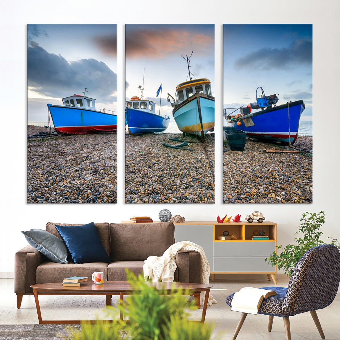 Colorful Boats On The Beach Large Wall Art Canvas Print Sailing Decor