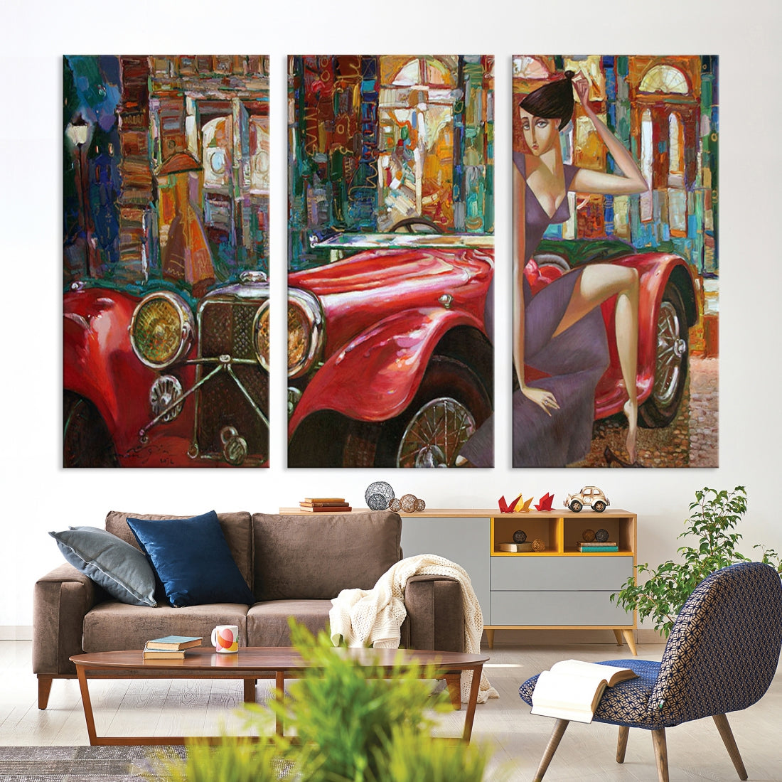 Lady With a Red Old Antique Car Jalopy Wall Art Canvas Print