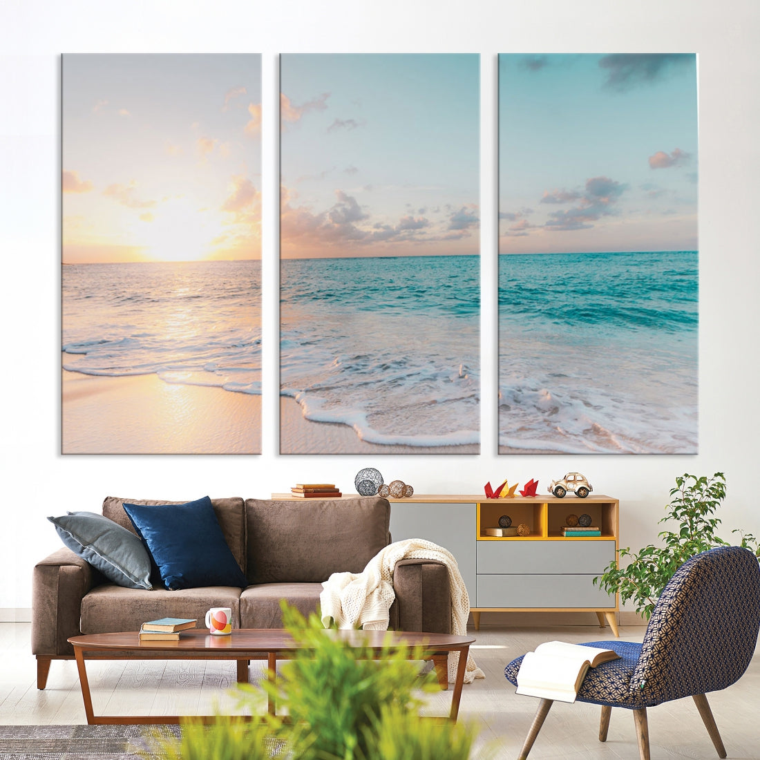 Appealing Sunset on Beach Canvas Wall Art Coastal Ocean Print