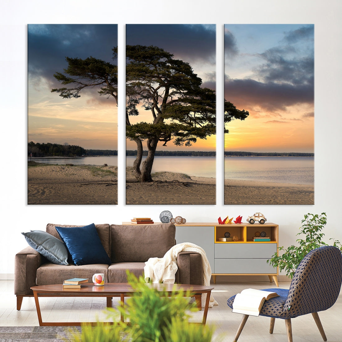 Big Tree Beach Coastal Sunset Wall Art Canvas Print Framed