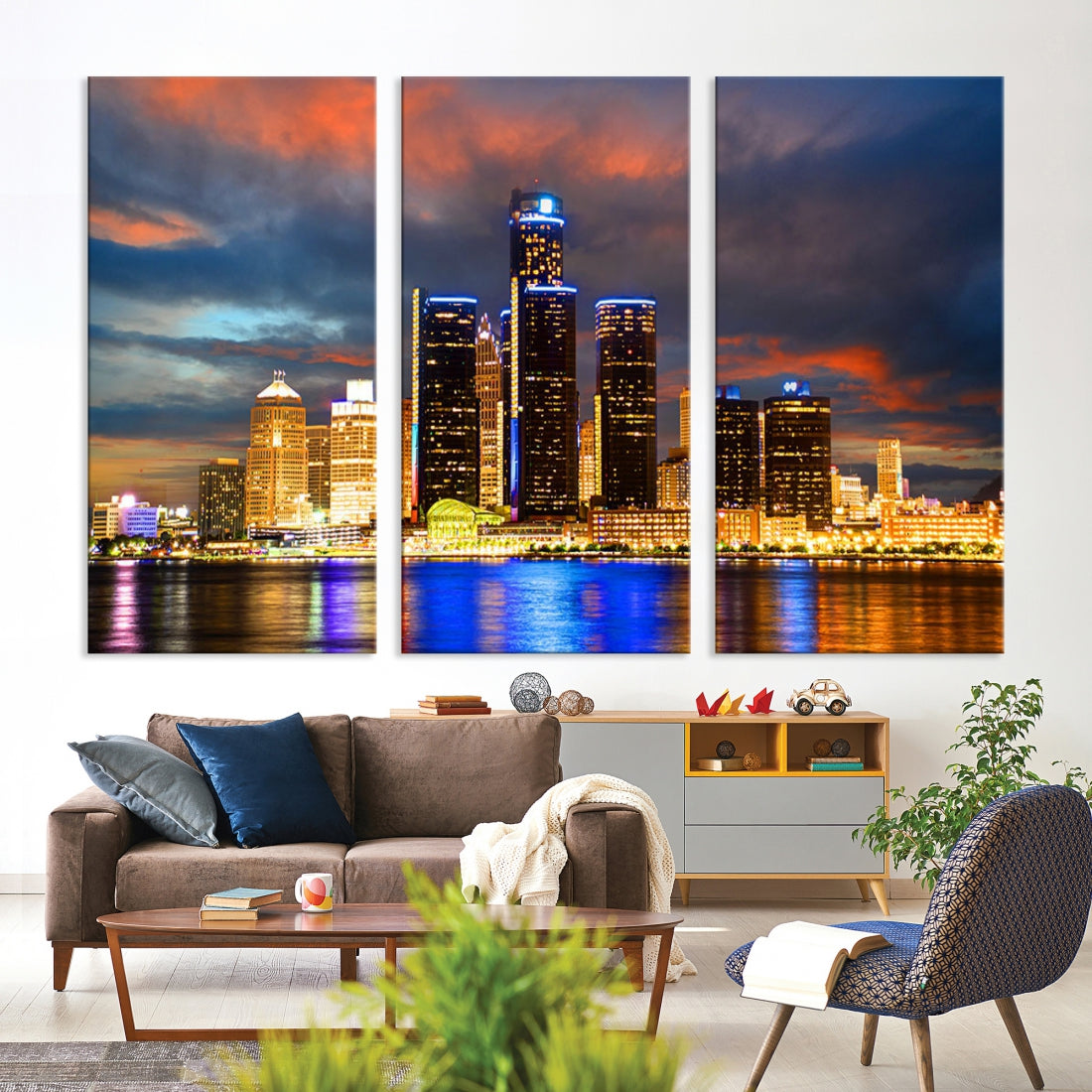 Bright Detroit Skyline Picture Print Skyline Wall Art Canvas Ready to Hang